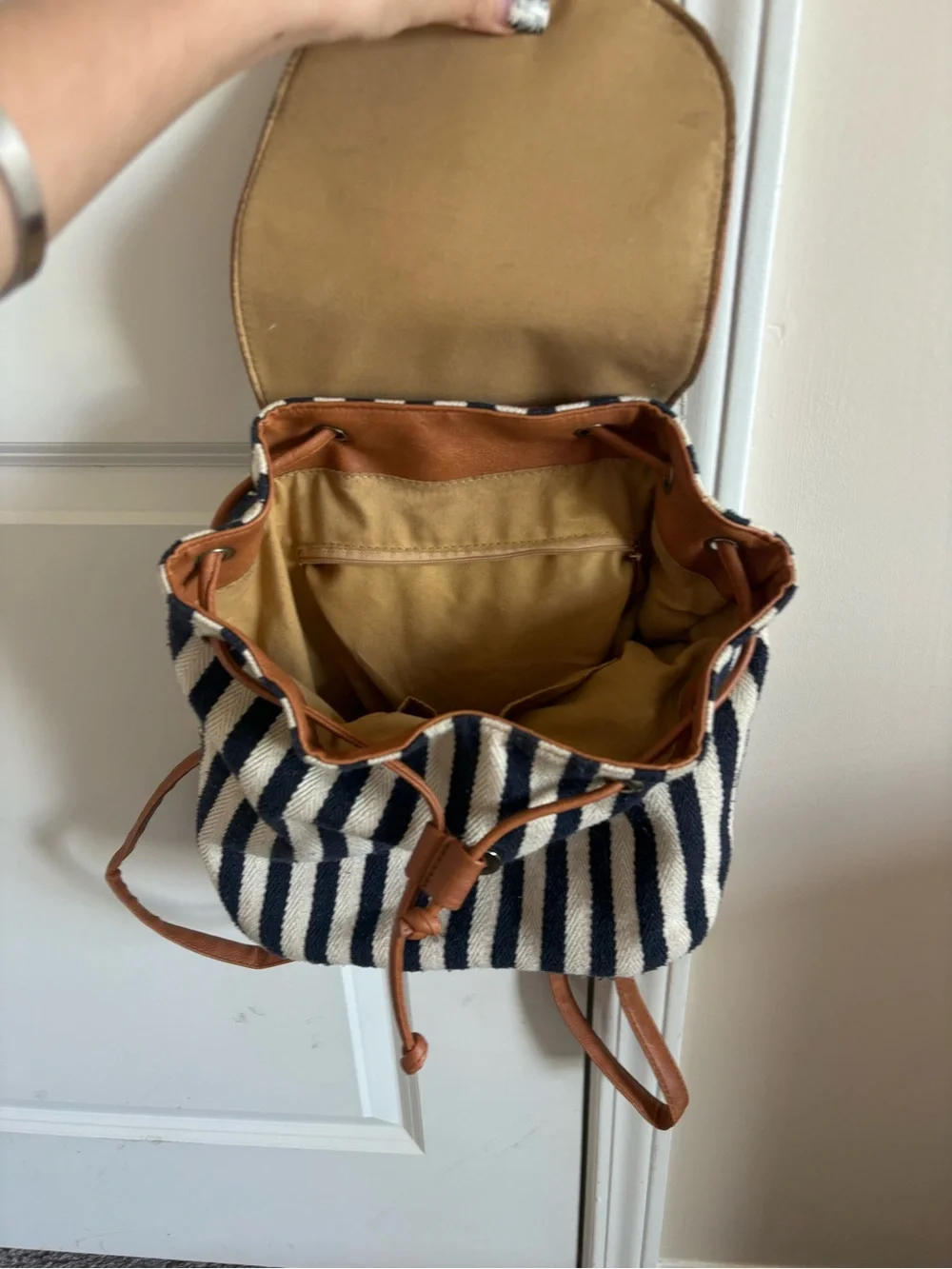 Striped Canvas and Tan Leather Backpack